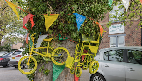 Yellow bike and wheelchair on a tree