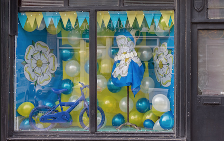 Blue and yellow bike shop display